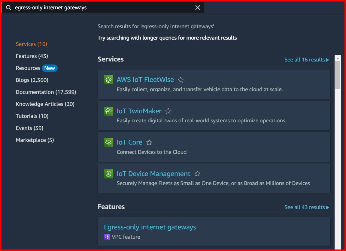 Picture showing the Egress-only internet gateways service in the search result